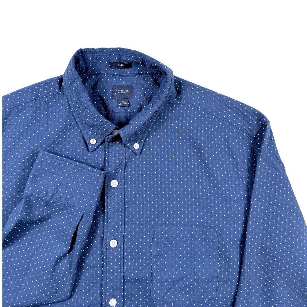J. Crew Slim Fit Blue Polka Dot Seersucker Button Down Shirt Mens L